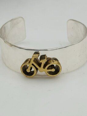 Rustic Cuff Golden Ride Silver Gold Bicycle Wide Cuff Bracelet